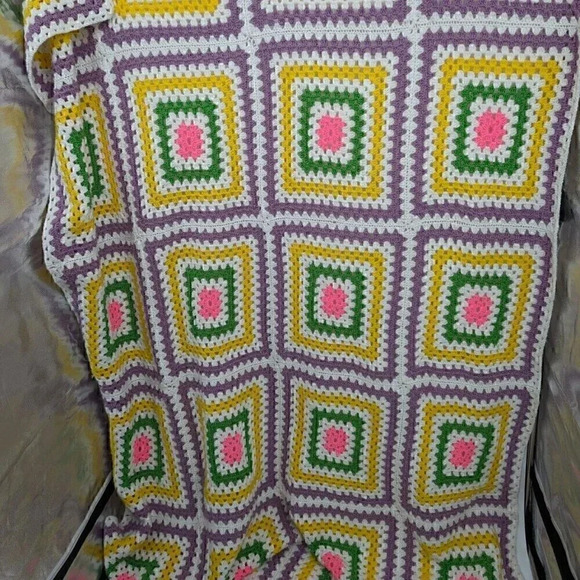 Vintage Other - Hand Crochet Granny Squares Colorful Large Block Afghan Blanket 56 W X 84 Long